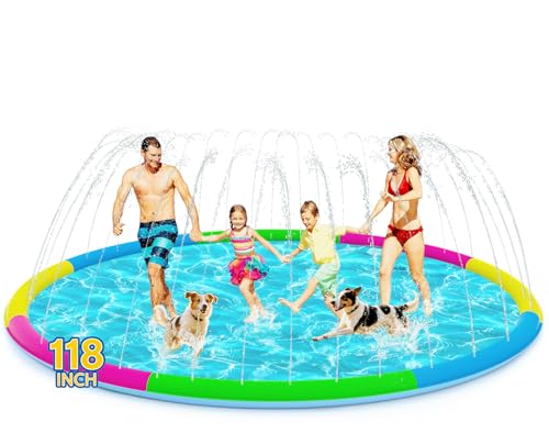 118" Extra Large Splash Pad - Non-Slip Splash Pad for Kids and Dogs Thickened Dog Pool with Sprinkler Outdoor Water Toys Giant Fountain Play Mat for Toddlers Children Adults Pets