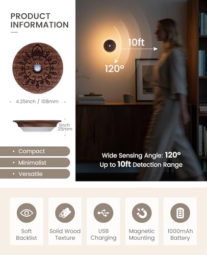 Image of Motion Sensor Night Light Wood USB Rechargeable Stick-On Step Lights Magnetic Small Wall Lights for Hallway Bedroom Living Room Stair, Carved Black Walnut