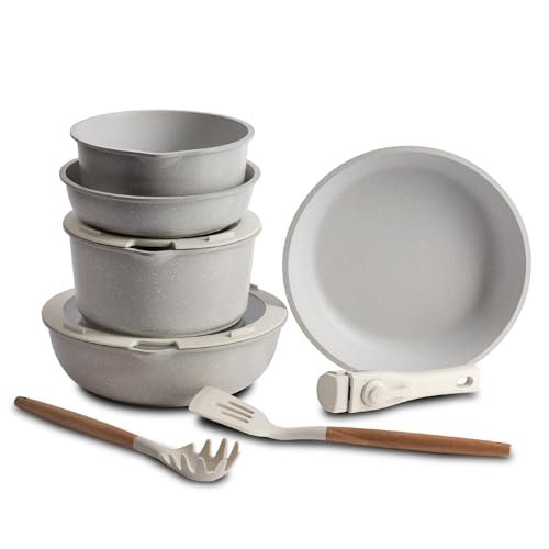 Bergner | Batería Cocina 10 Piezas | Mango Extraíble | 3 Sartenes, 2 Cazos, Tapas & Utensilios | Aluminio Fundido Revestimiento Antiadherente Mármol | Cocina, Hornea, Sirve y Almacena