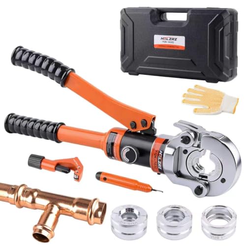 HZLZRZ Pro Press Copper Pipe Crimper Tool Kit with 3 Dies (1/2 3/4 1) for Plumbing & Water Heating Includes Copper Tube Cutter and Burr Tool (YQK/1632D)