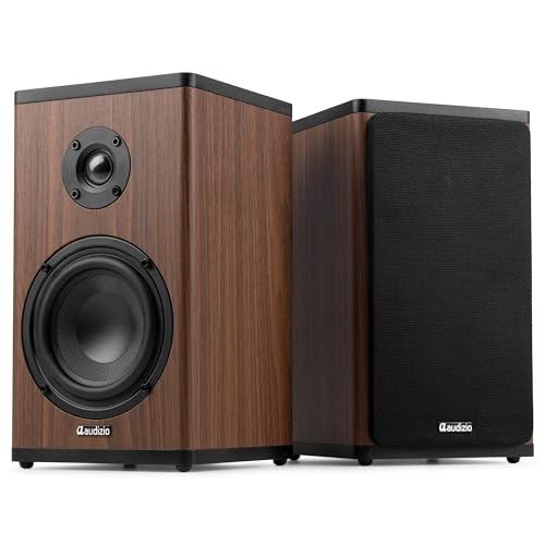 Audizio BS20 – Altavoces estéreo HiFi con batería Recargable y Amplificador Incorporado, Altavoces de estantería Bluetooth y AUX para casa, Ordenador, Cadena HiFi o Tocadiscos – Color Madera Oscura