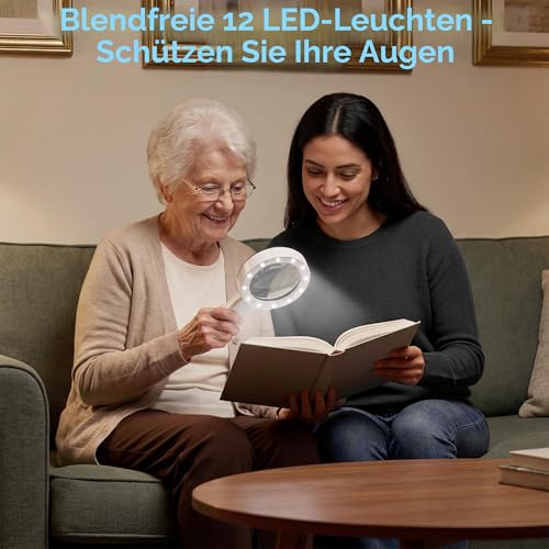 Nazano Lupe mit 12 Led Licht - Handlupe Leselupe, Hohe Klarheit & Leichtgewicht, für Senioren, Kinder, Juwelier, Hobbies