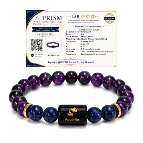 EverMineCrystal Aquarius Zodiac Bracelet (कुंभ राशि) | Certified Healing Crystal for Calm, Clarity & Emotional Balance | Original Amethyst & Lapis Lazuli | Bracelet for Man & Woman | Gift for Man & Woman