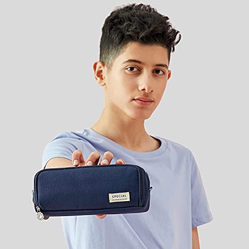 Image of Canvas Large Capacity Pencil Box for Girls & Boys, 3 Compartments Pen & Pencil Pouches, Aesthetic Stationery Pouch for School Kids College Students, Cute Stationary Gift for Children (Blue)