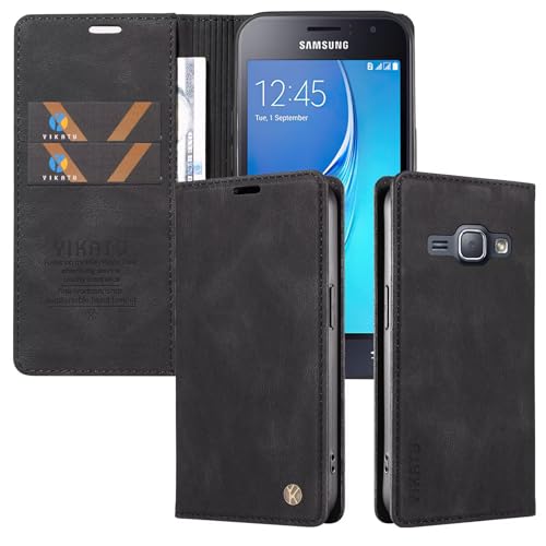 xinyunew Leder Schutz für Samsung Galaxy J120/j1 2016 Hülle PU Leder Handyhülle Lederhülle Klapphülle Kartenfach Flip Cover für Galaxy J120/j1 2016 Handy hülle Leather Wallet Phone Hülle Schwarz