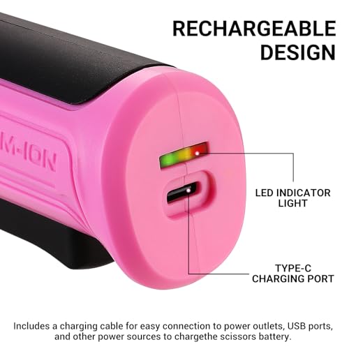 Image of Cordless Electric Scissors Cardboard Cutter: DEKOPRO 4V 2000mAh Electric Box Cutter, Rechargeable Power Rotary Cutter with Safety Lock, 389g Carpet Cutter with 2 Blade, Type-C Charging(Pink)