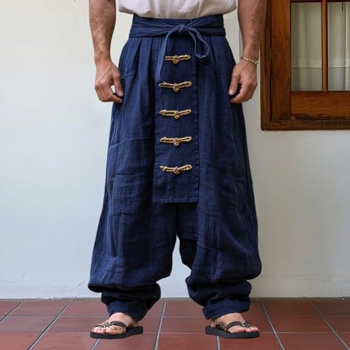 Men's Cotton Linen Harem Pants Casual Knot Button High Waist Wide Leg Trousers Pirate Hippie Baggy Pants with Belt4