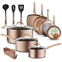 NutriChef 14-Piece Non Stick Kitchen Cookware Set w/Saucepan, Frying Pans, Cooking Pots, Dutch Oven Pot, Lids, Utensil, Gold