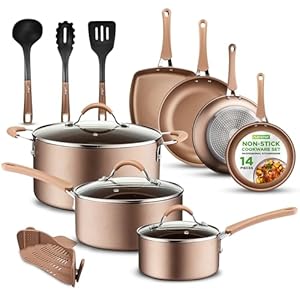 NutriChef 14-Piece Nonstick Cookware PFOA/PFOS-Free Heat Resistant Lacquer Kitchen Ware Set w/Saucepan, Frying Pans, Cooking, Dutch Oven Pot, Lids, Utensils, NCCW14S, Shiny Golden