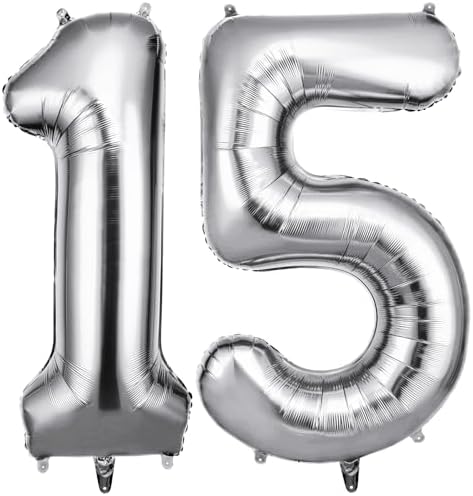 OFFCUP Zahlen Luftballon 15 Geburtstag Silber, Folienballon Zahl 15 | 40 Zoll Helium Ballons Riesen 101cm Geburtstag Mädchen Junge PartyDeko Ballon Zahl Deko zum Jubiläum Neujahr H