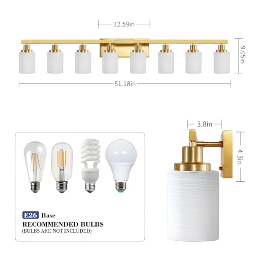 Image of 8-Light Gold Bathroom Light Fixtures Bathroom Vanity Light 52in | White Frosted Ribbed Glass Shade Modern Vanity Light over Mirror Gold Wall Lamp Sconces for Mirror Bedroom E26 Base