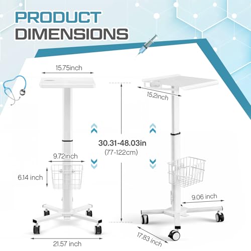 Image of 15.8 inch x 15.2 inch Medical Laptop Workstation Trolley Cart with Wheels Height Adjustable Medical Cart with Storage Basket Load for Dental Clinic, Home Office, Salon Hospital, Lab Use (Heavy Duty)