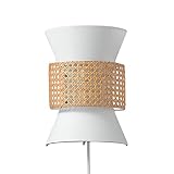 Globe Electric 65925 2-Light Plug-in or Hardwire Wall Sconce, Matte White Fabric Shade with Natural Rattan Accent, 6ft Braided Cord, in-Line Rocker Switch, Modern Lighting for Apartments or Renters