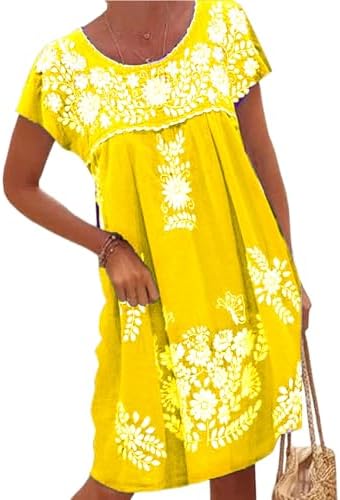Melliflo Mexican Dress for Women Summer Embroidery Yellow Dress Loose Cotton Linen Peasant Dress(Y, S)