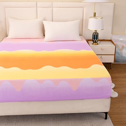 Image of Bedding Fitted Sheet with Deep Pocket,Thicken Printed Fabric Bed Sheets (Orange, Queen)