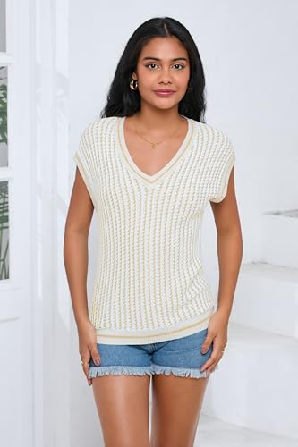 Image of SAUKOLE Summer Crochet Tops for Women Fashion Striped Casual Cap Sleeve Shirts Loose Knit Sweater Vest