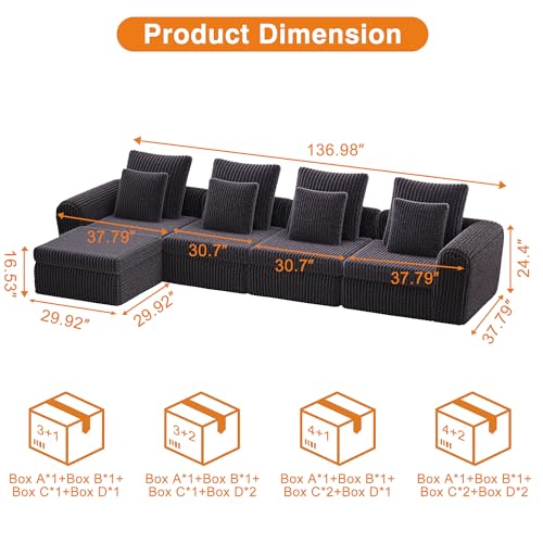 Image of Feonase Modular Sectional Sofa, Cloud Sectional Couch with Deep Seat, 134'Modern Modular L Shape Sofa Couch with Chaise, Upholstered Boneless Couches for Living Room Bedroom, Dark Grey