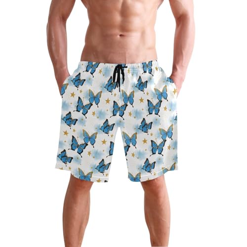 Quick Dry Blue Butterflies with Golden Men's Swimming Shorts Swim Trunks with Mesh Lining Beach Wear - S