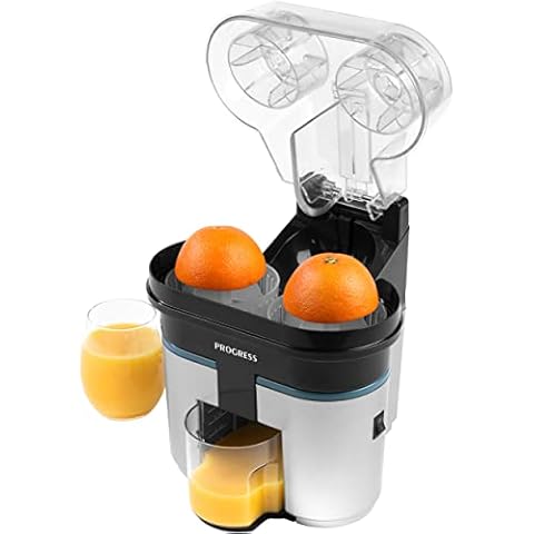 Progress EK5027P Slice & Juice, Twin Electric Citrus Juicer, Built-in Slicer, Dual Juicing Function, 500 ml Container, Removable Cone Attachments & Strainer, On/Off Switch, Safety Lock, 90W Cover