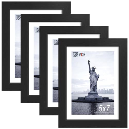VCK 5x7 Picture Frame, Black Wood Photo Frames for Tabletop or Wall, 4 Pack