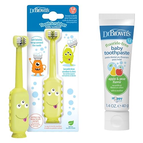 Image of Dr. Brown's ToothScrubber Toddler Toothbrush & Fluoride-Free Baby Toothpaste Bundle, Triple-Sided Training Toothbrush, Ages 1-4 Years, Apple Pear Flavor, 1-Pack, 1.4oz/40g, 0-3 Years