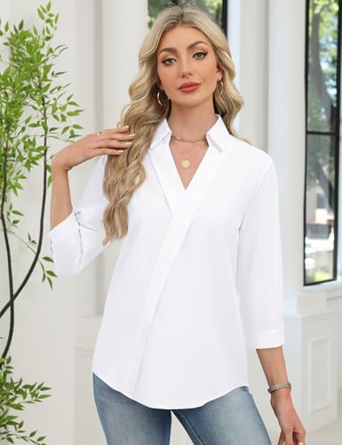 Image of LOMON 3 /4 Length Sleeve Womens Tops Dressy V Neck Collared Shirts Trendy Business Casual Work Blouses Vacation Outfits 2026