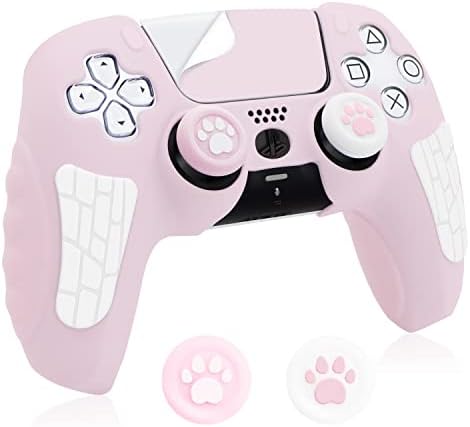 Silicone Skins Cover for PS5 Controller, Sweat-proof Protective Skin Shell Accessories Set with 2 Cute Cat Paw Joystick Thumb Grips Caps,Solid Protection and Good GripsPink)
