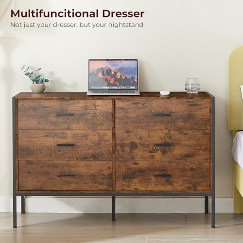 Lyromix Wood Rustic Dresser with 6 Drawers, Wide 48\'\' Brown TV Stand for Bedroom, Mid Century Modern Drawer Chest with Antique Finish, Perfect for Living Room Storage, 48.5\"x15.7\"x31\" - Thumbnail 7