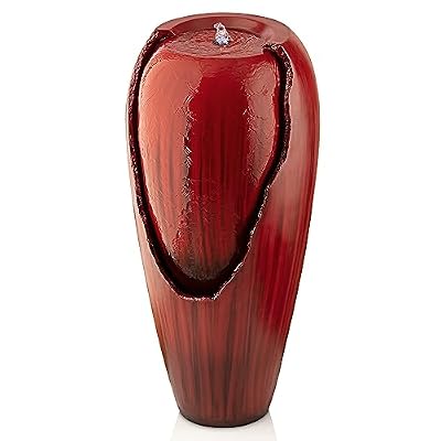 Alpine Corporation DIG100XS-RD Outdoor Floor Antique Jar Water Fountain with LED Lights, Vintage Light Waterfall, 33", Red
