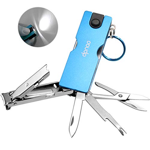 Dpnao 8-IN-1 Multi Nail Clippers Pocket Nail File Folding keychain Knife with Scissors Tweezers Flashlight Stainless Steel for Men Women (Blue)