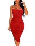 BEAGIMEG Women's Ruched Backless Spaghetti Strap Bodycon Party Club Midi Dress Red