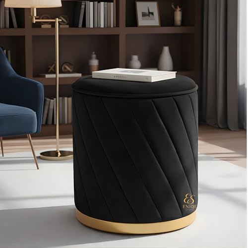 Image of Luxury Round Velvet Ottoman Stool with Gold Base - Modern Upholstered Footrest Pouffe, Tufted Vanity Seat, Living Room Bedroom Dressing Stool (Black)