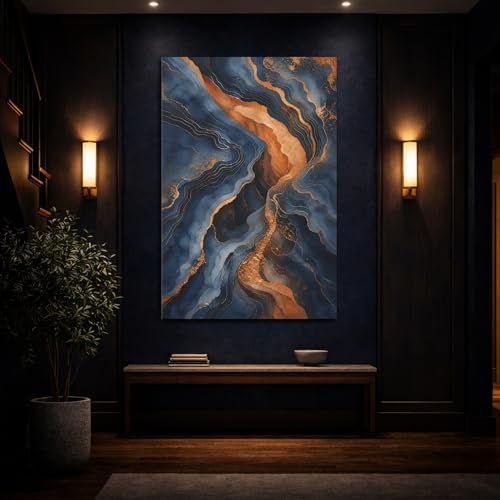 Tableau abstrait bleu et or 50x75 cm | Toile salon moderne