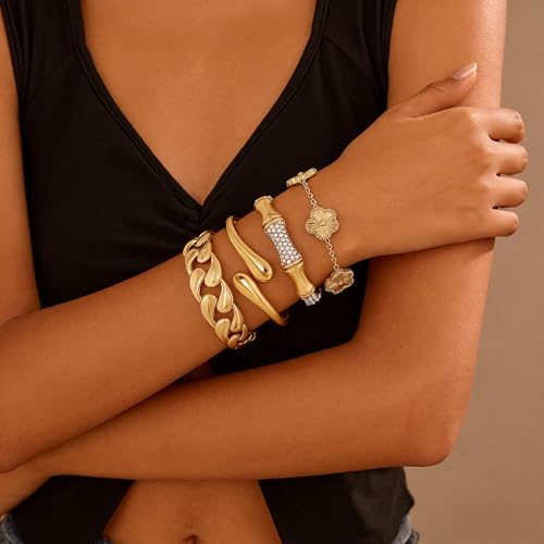 Stackable Gold Bracelets for Women - 4 Sets, 18K Gold Plated Bracelets, Stainless Steel Bangle Bracelets Non-Tarnish, Stylish Gold Jewelry Ensemble, Valentine's Day, Birthday and Christmas Jewelry Gifts — view 3