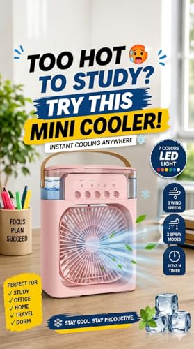 Image of Portable Mini Air Cooler Fan, Pink, 3 Wind Speeds, 3 Spray Modes, 7 Colour LED Light, 1 /2 /3 Hour Timer, for Home, Office and Travel