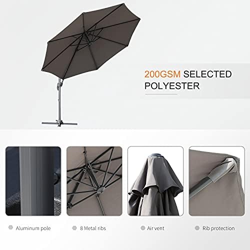 Outsunny 3(m) Patio Offset Roma Parasol Umbrella Cantilever Hanging Sun Shade Canopy Shelter 360° Rotation with Hand Crank and Cross Base, Grey