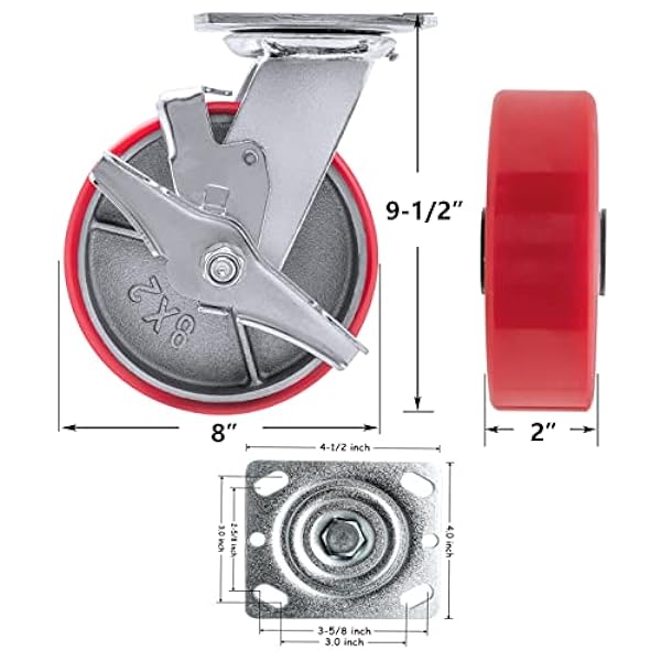 NINOSO Ruedas resistentes de 8 x 2 pulgadas, rueda de poliuretano con fuerte capacidad de carga de 1500 libras, rueda industrial de placa para carrito (1 paquete, rojo con freno)