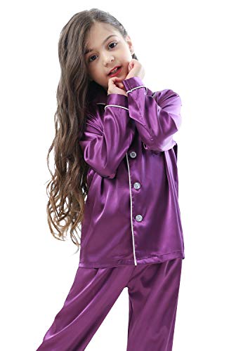 Image of Pajamas Kid Unisex Pjs Set Girls Boys Silk Pajamas Set Satin Long Sleeve 2 Piece Clasic Sleepwear for 2-12 Years Todder