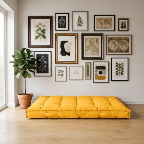 Image of SKANDA FAB Low Seating Cushion -100% Cotton Twill, Hand-Plotted Microfiber Filling, Floor Cushion with 2 Back Support Cushions - Ideal for Living Room, Balcony, Lounge- 80x120 Yellow (Pack of 1)