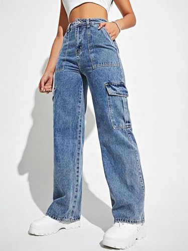 Image of Glossia Fashion High Waist Cargo Denim Jeans for Women Wide Leg Stretchable Straight Fit Jeans(WJ1-1215-$)