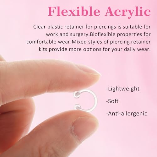 Lusofie 43Pcs Clear Piercing Retainer Set Acrylic Septum Ring Nose Studs Rings Cartilage Navel Tongue Barbells Lip Eyebrow Tragus Earring Clear Piercing Jewelry for Work Surgery3