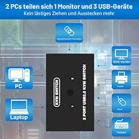 DGODRT 2 Port KVM Switch USB VGA mit KVM Kabeln, KVM Umschalter für VGA Monitor und USB Tastatur Maus, Schwarz, Drucktaste, AUF-NEIN-EIN – Ansicht 3
