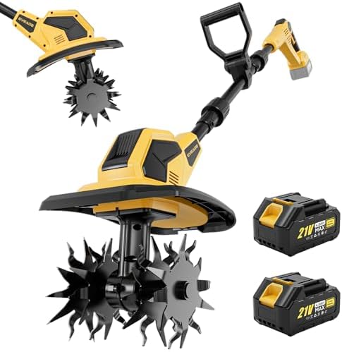 21V Cordless Tiller Cultivator, 2x4.0Ah Battery Powered Electric ...