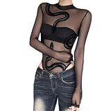 Women's Graphics Snake Sheer Mesh Long Sleeve Bodysuit Tops See Through Jumpsuit Leotard Clubwear (S)
