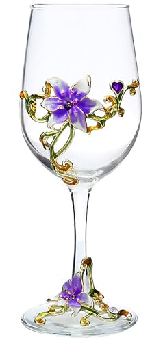 XUDREZ Handmade Painted Enamel Flower Gin Balloon Glass Wine Glass Birthday Gifts for Women Mum Friends Mothers Day, Lead-Free (Purple Lily)