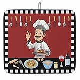 Multiusos Alfombra De Fregadero Chef Gourmet sobre Fondo Rojo A Cuadros Blancos Y Negros Esteras De Secado Antideslizante Esteras De Secado para Cocina para Bar Vasos 46X61cm