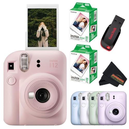 Fujifilm Instax Mini 12 Instant Camera Blossom Pink with Sandisk 32 GB USB Flash Drive + 40 Sheets Fujifilm Instax Mini Film Bundle, Sunshine Photo Microfiber Cleaning Cloth Included