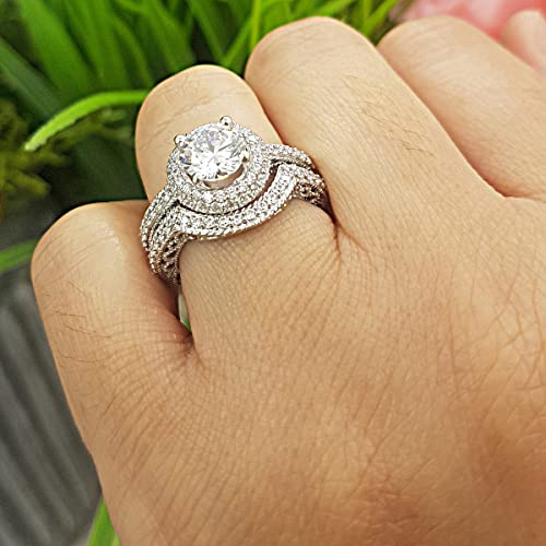 Dazzlingrock Collection Round White Cubic Zirconia CZ Halo Wedding Bridal Fashion 2 Piece Engagement Ring Set, Available in 10K/14K/18K Solid Gold4
