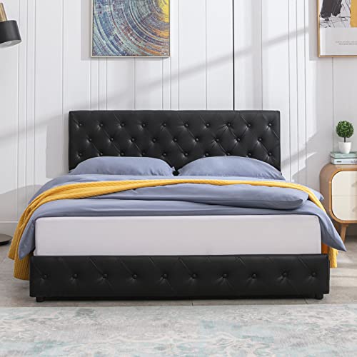 Zafly Upholstered California King Size Bed Frame With Tufted Headboard,Pu Leather Platform Cal King Bed Frame With 4 Storage Drawers,Wooden Slats Support,No Box Spring Needed,Easy Assembly (Black) #TOP6