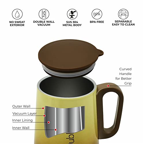 Image of DUBBLIN Rugby Stainless Steel Unbreakable Tea Coffee Mug Double Wall with Handle and Lid, Wide Mouth Mug Keeps Beverages Hot & Cold 270 ML Brown